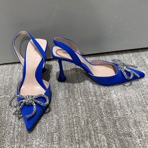 Zara Slingback Elegant Blue Satin Heels with Crystal Bow size 37 6.5 NEW!